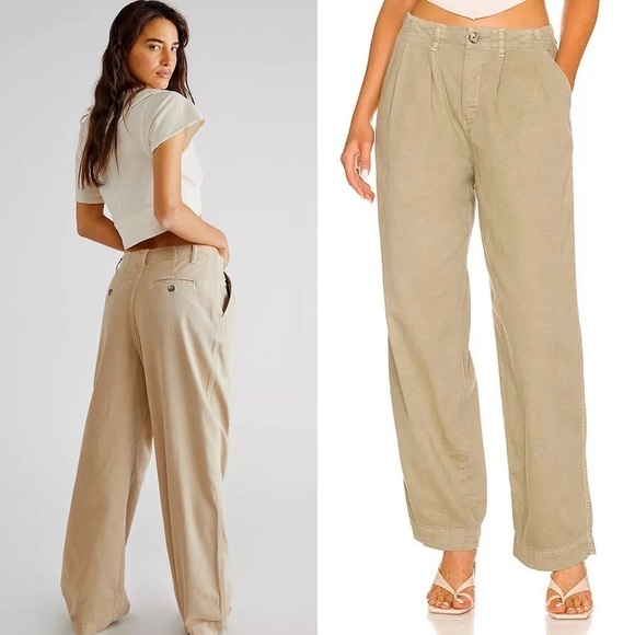 FREE PEOPLE 90s Slouchy Pleated Straight Wide Leg Relaxed Fit Khaki Chino Pant 4 - Picture 5 of 8